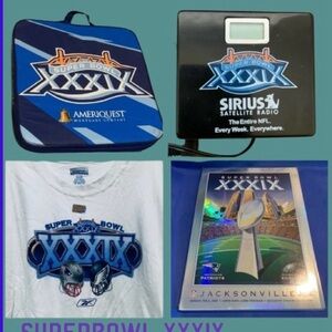 VTG NFL (4) ITEMS SUPERBOWL XXXIX BUNDLE OFFICIAL TEE, PROGRAM,SEAT PAD & RADIO